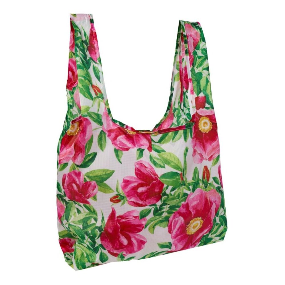 Improvements Ripstop Foldable Grocery Tote Bag with Carabiner Floral Green Pink